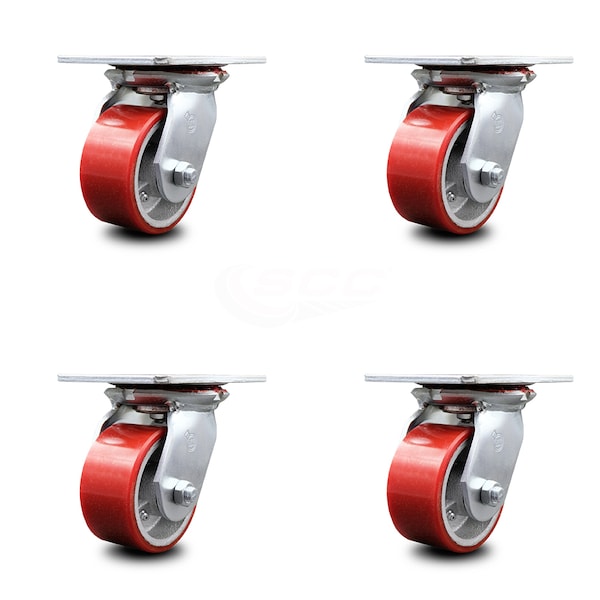 4 Inch Heavy Duty Red Poly on Cast Iron Caster Set with Ball Bearings, 4PK